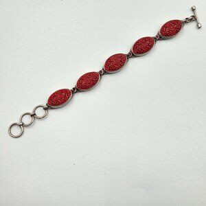 Sajen Bracelet Sterling Silver 925 Carved Cinnabar & Garnet Toggle 8" Boho